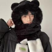 可爱小熊猫帽子秋冬季 围巾一体连帽围脖手套三件套 男加厚保暖韩版