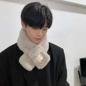 加厚保暖交叉毛毛领韩版 毛绒围脖男秋冬季 2024新款 百搭柔软小围巾