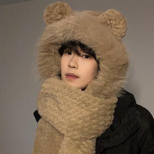 男士毛绒帽子围巾一体连帽秋冬季骑车加厚保暖围脖手套三件套百搭