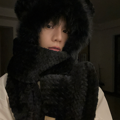 毛绒帽子围巾一体男款保暖冬天