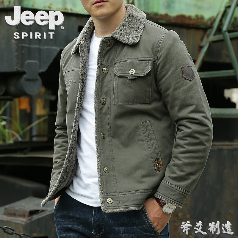 JEEP吉普男士外套秋冬加绒加厚上衣牛仔休闲夹克男冬装大码棉服潮