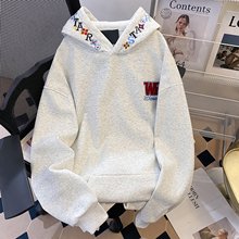 美式复古潮牌字母刺绣纯棉连帽卫衣男秋冬加绒宽松休闲外套潮