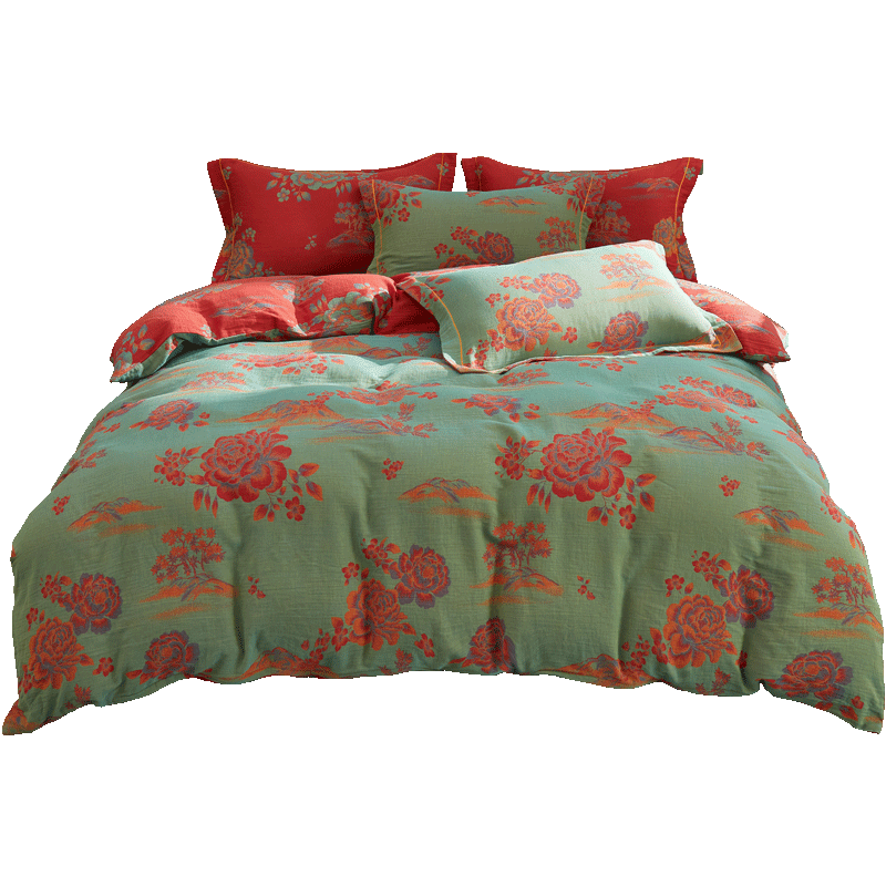 复古纯棉双层纱色织提花全棉被套