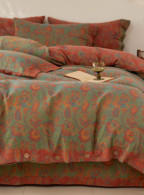 A类全棉双层纱四件套高档复古色织提花双面纯棉纱布宿舍床单被套