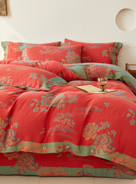 纯棉双层纱被套单件高档复古红色织提花双面全棉纱布被罩A类床品