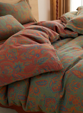 复古色织提花全棉双层纱被套单件A类双面纯棉纱布秋冬被罩三件套