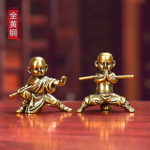 黄铜实心禅意功夫小和尚桌面摆件