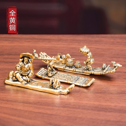 纯黄铜竹排香插竹筏流水鸬鹚景观配饰孤舟老翁小船渔翁钓鱼小摆件