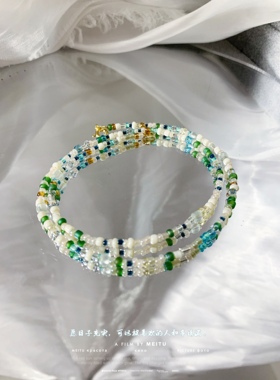 小众复古蓝绿色系米珠项链