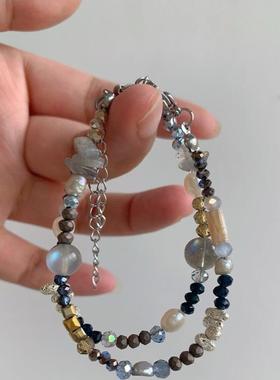 原创DIY.月光石灰拉长石榴石淡水珍珠手工银合金钛钢手链