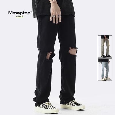 Mmoptop美式vibe微喇破洞牛仔裤男士2025年夏季薄款修身直筒裤子