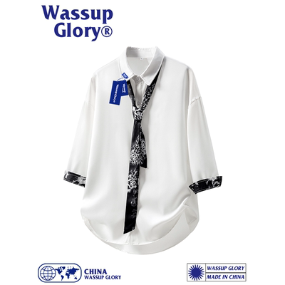 WASSUP GLORY冰丝七分袖衬衫男士高级感痞帅宽松DK领带短袖衬衣潮