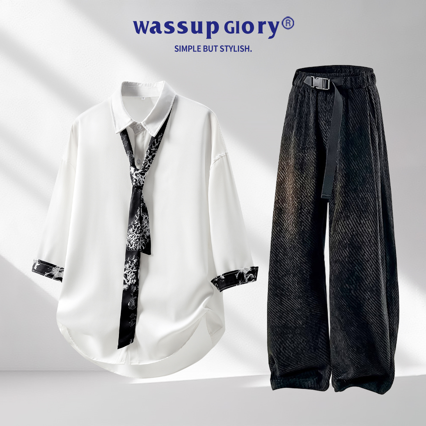 WASSUP GLORY冰丝七分袖衬衫男生酷帅穿搭套装2025新款夏季两件套