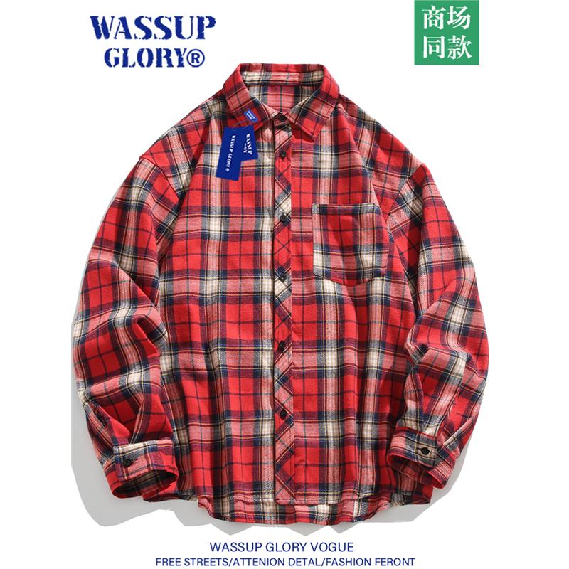 WASSUP GLORY红色格子衬衫男高级感痞帅春季美式复古长袖衬衣外套