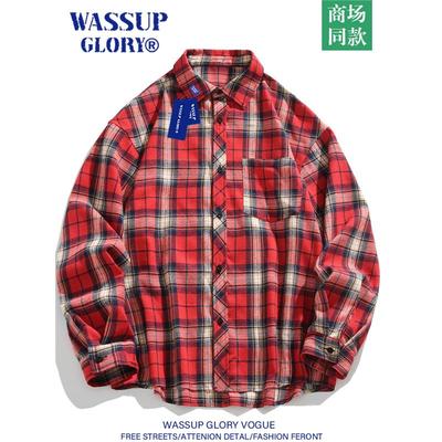 WASSUP GLORY红色格子衬衫男高级感痞帅春季美式复古长袖衬衣外套