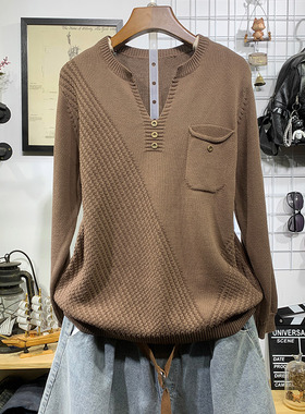 新大码女装宽松文艺长袖V领针织毛衣黑色秋冬百搭显瘦打底衫上衣