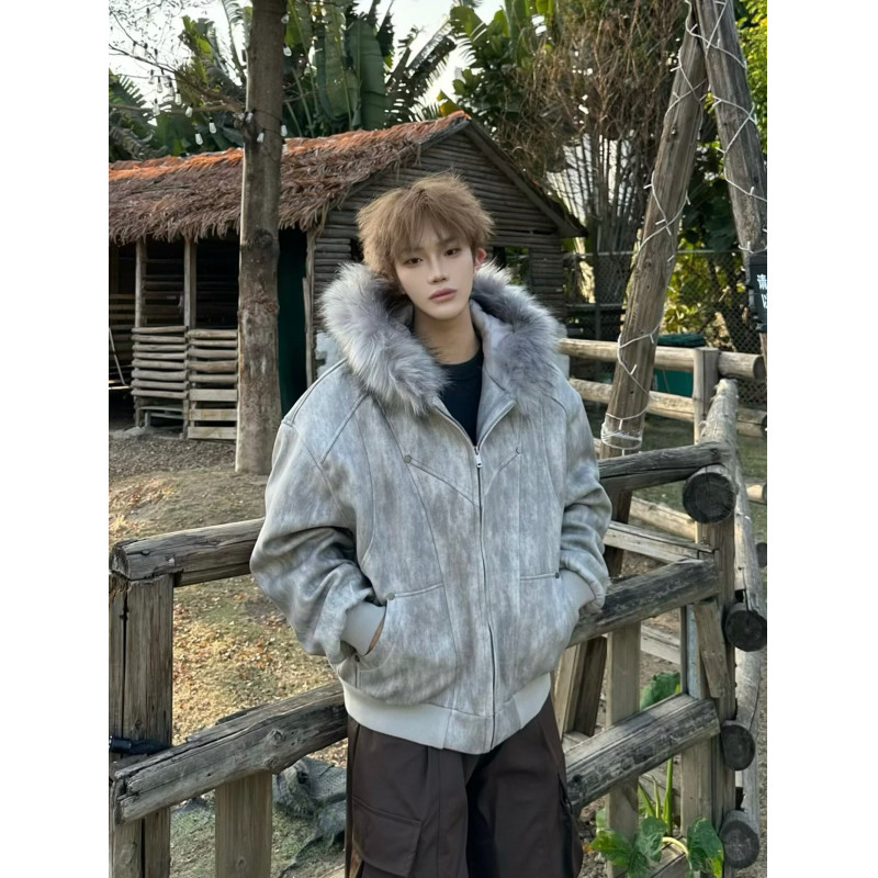 美式街头小众毛领宽松男士棉衣