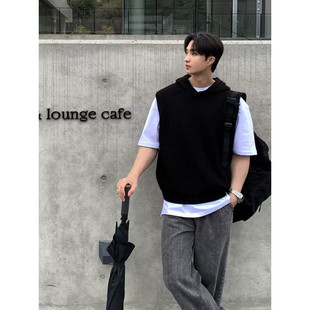 韩版宽松带帽无袖毛衣男生极简风纯色针织衫马甲毛线背心上衣外套