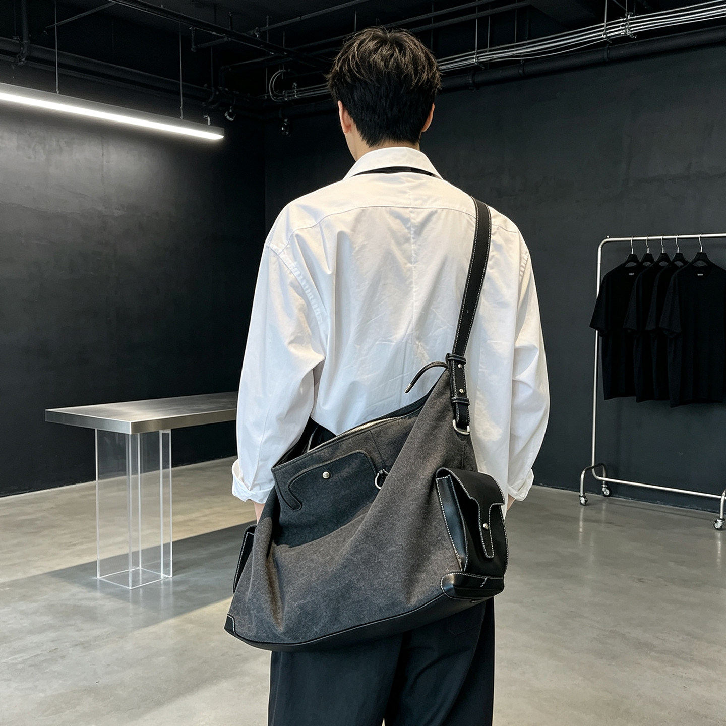 韩国新款重工水洗帆布包复古多口袋工装托特包男士通勤单肩斜挎包