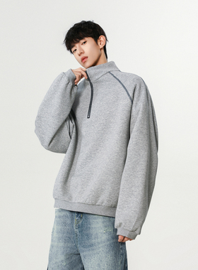 美式复古运动风半拉链卫衣男生灰色立领廓形宽松套头外套休闲上衣