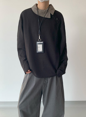 慵懒风小众休闲长袖T恤男黑色高级感斜门襟肌理感套头打底衫上衣