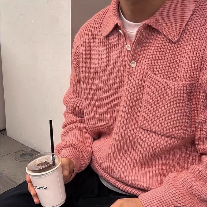 ins中性风粉色polo翻领针织衫男女宽松百搭长袖套头毛衣休闲上衣