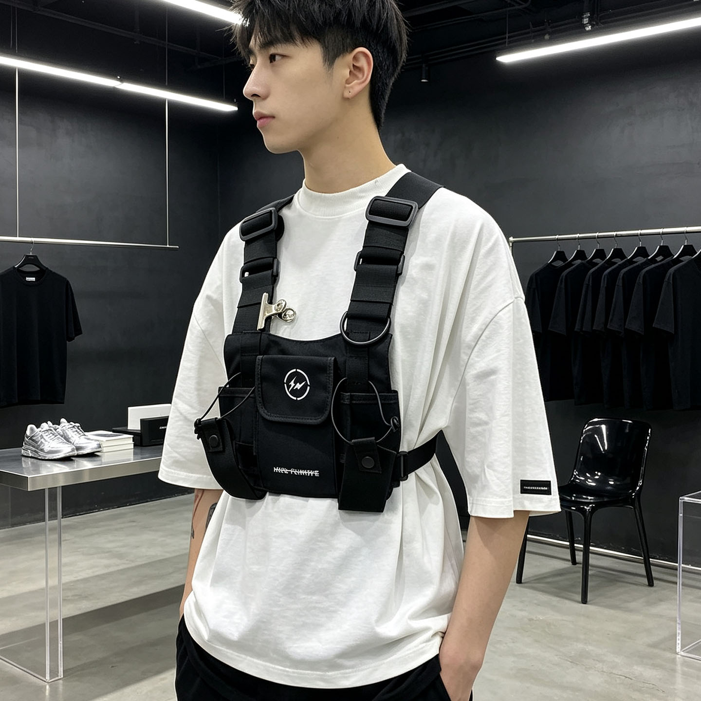 街头军事暗黑风男士战术机能包双肩马甲背包多口袋工装背心式胸包