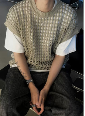 小众设计镂空针织衫马甲大网眼叠穿无袖毛衣背心坎肩休闲罩衫上衣