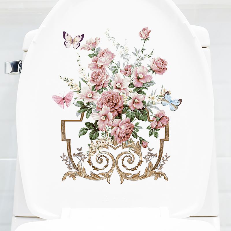 花纹盆栽花朵蝴蝶马桶贴纸水箱盖防水自粘瓷砖墙贴画厕所卫生间