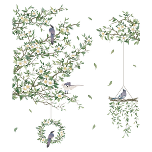 ins小清新墙壁贴纸绿叶枝头花环墙面装饰墙角布置房门贴防水书桌