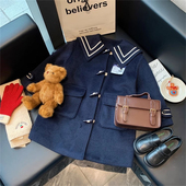 儿童中长款 童装 牛角扣呢子外套中大童韩系 新款 女童呢大衣冬季