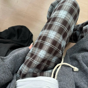 加绒格子裤 美式 松紧设计高腰阔腿休闲宽松显瘦格子裤 口袋款