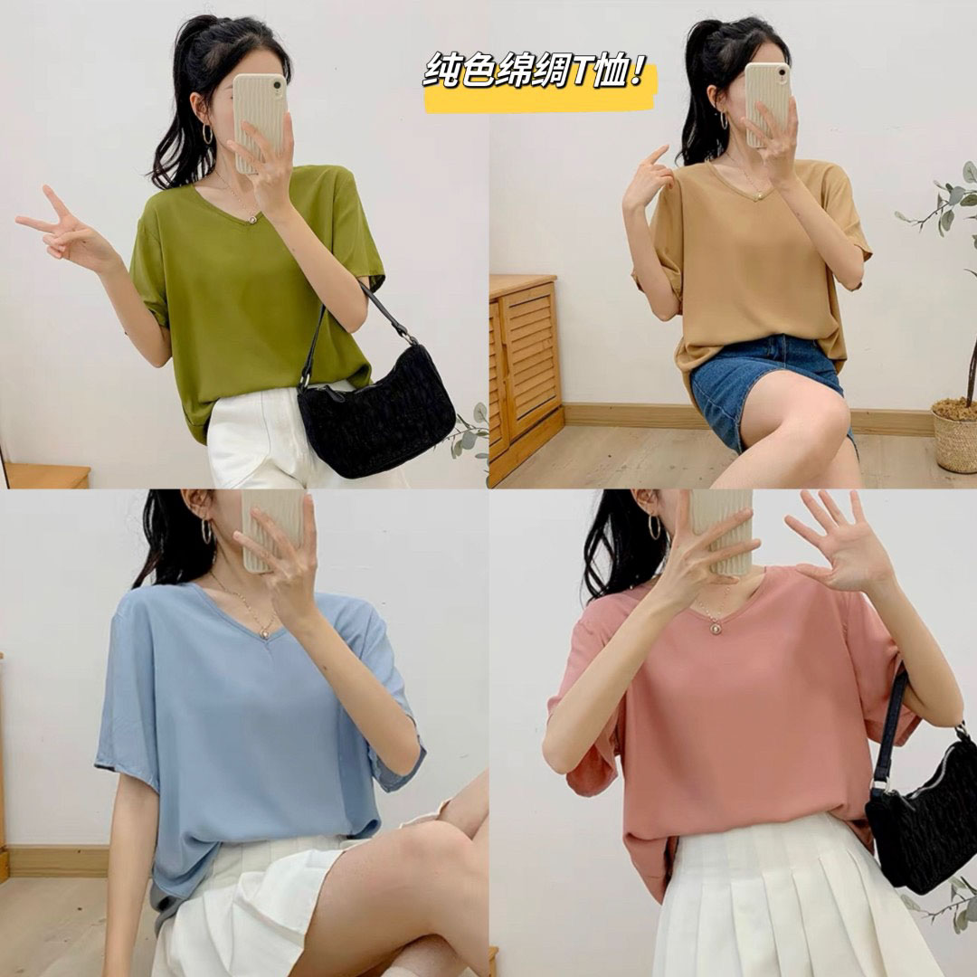 白色宽松女装夏季上衣短袖V领大码中长绵绸简约纯色T恤打底衫百搭