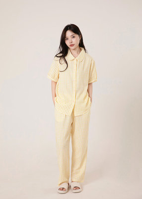 NOHASHTAG日式纯棉双层纱睡衣女士格子短袖家居服套装无侧缝男式