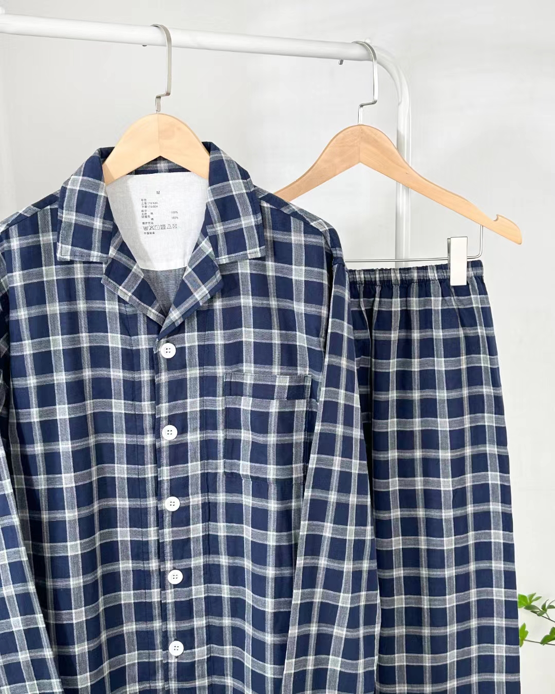 雙層紗睡衣無側(cè)縫格子全棉新款情侶家居服長袖長褲套裝舒適寬松