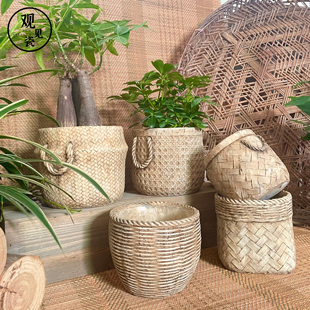 创意复古藤编编织做旧仿古大中小号多肉花卉绿植客厅户外水泥花盆