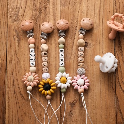 1pc Personalized Name Baby Pacifier Clips Chain Sunflower Wo