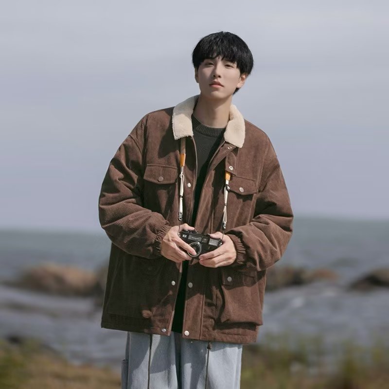 港风加厚羊羔绒灯芯绒棉服男