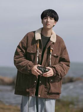 港风加厚羊羔绒灯芯绒棉服男