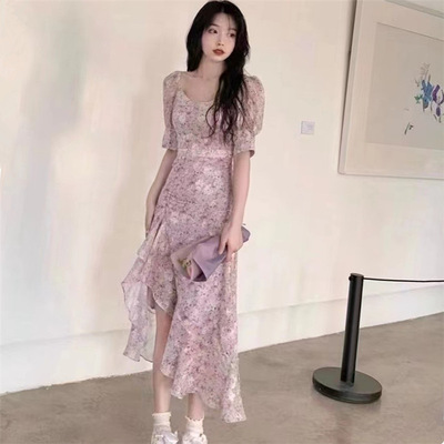 法式碎花收腰泡泡袖连衣裙