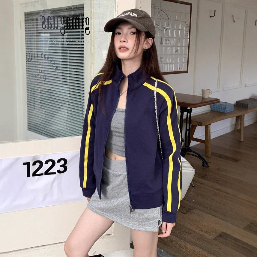 美式复古立领撞色棒球服女秋冬