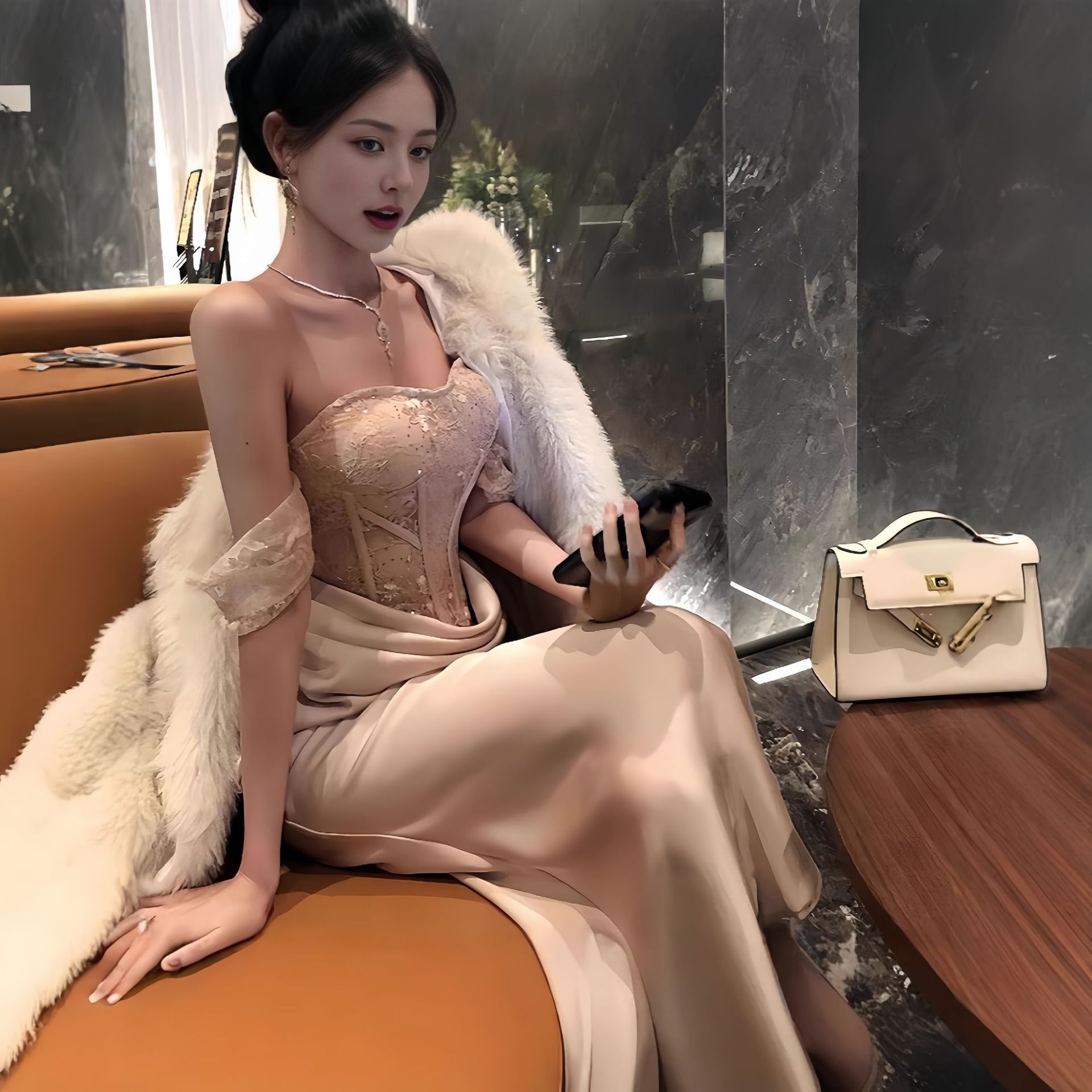 法式性感鱼骨御姐风抹胸连衣裙