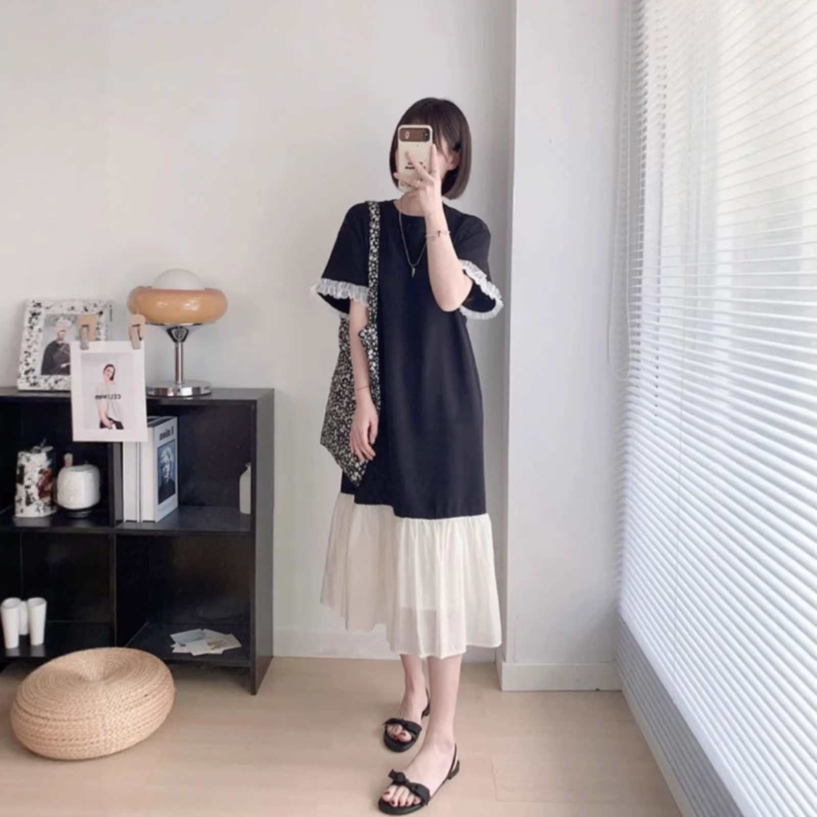 宽松微胖遮肉显瘦连衣裙子中长裙女夏季2026新款黑色长款过膝裙潮