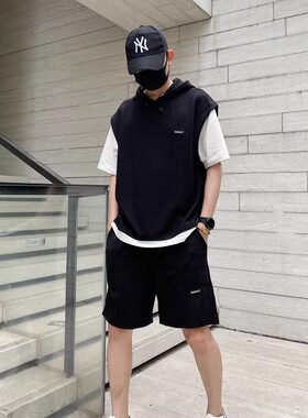 华夫格连帽卫衣短裤大码套装男