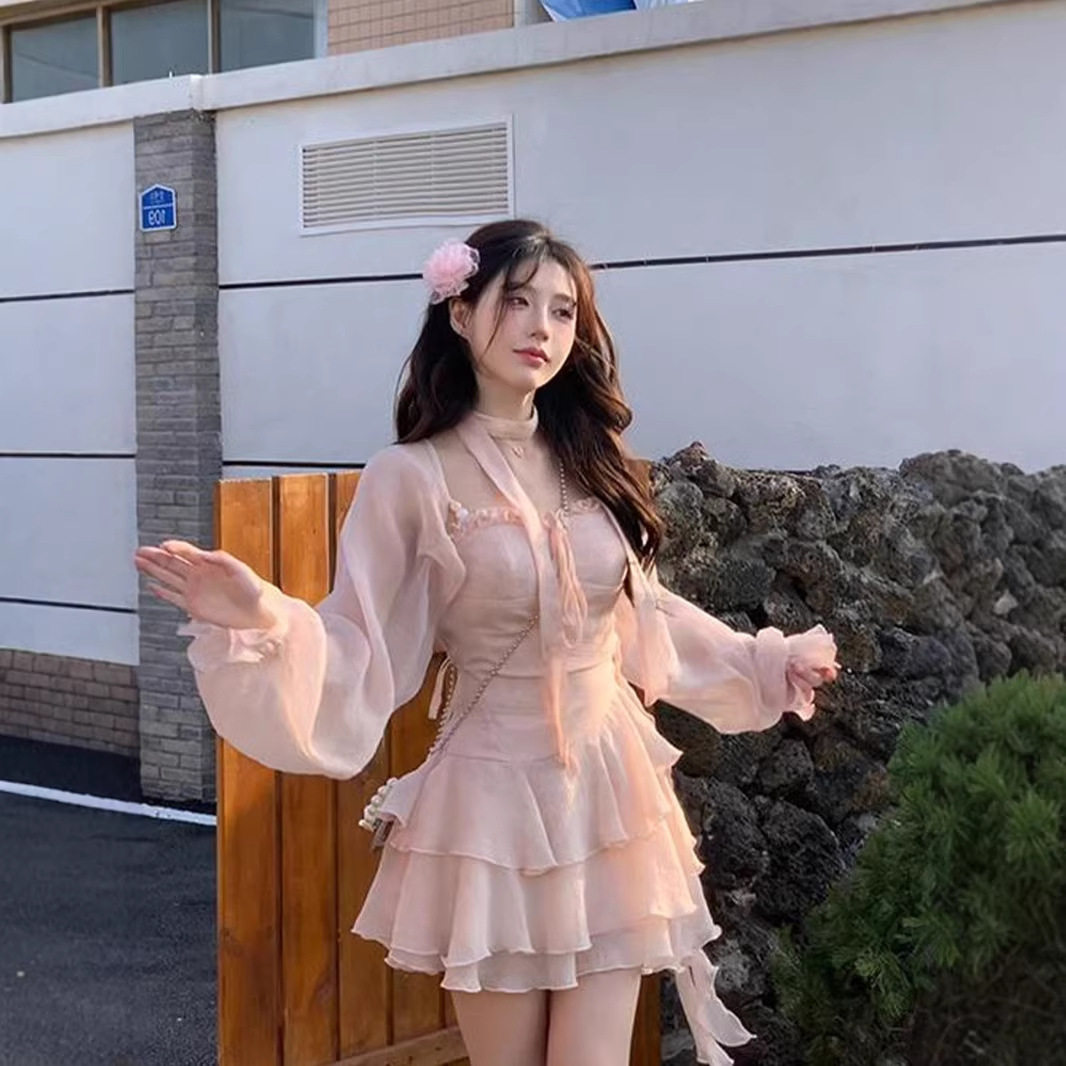 甜美雪纺吊带显瘦连衣裙开衫套装