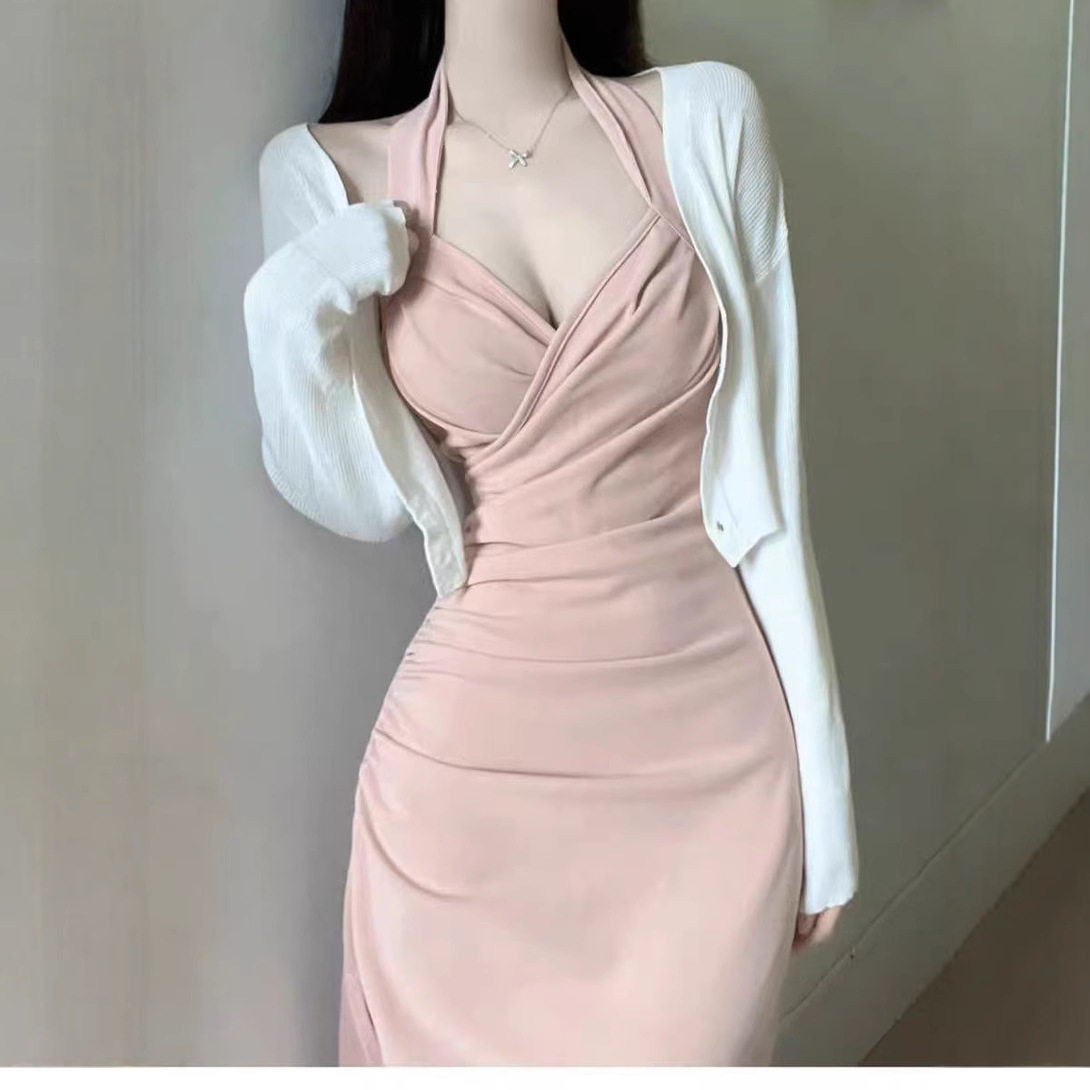 纯欲性感大码V领挂脖吊带连衣裙