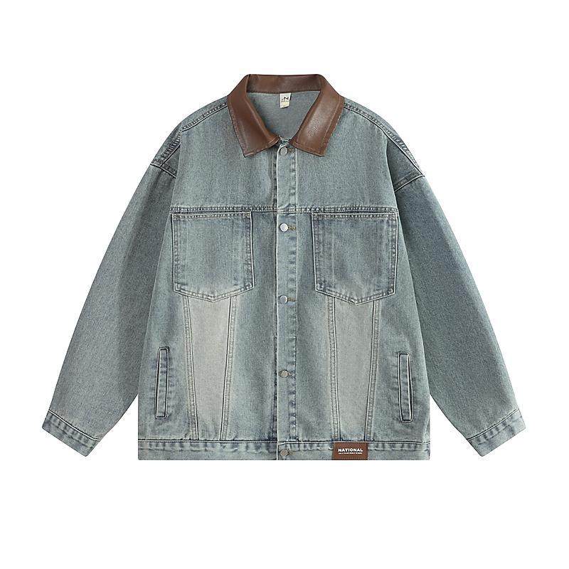 美式复古pu皮翻领拼接牛仔外套男春秋款高级感痞帅工装夹克上衣服,男装,夹克,淘宝优惠券,粉丝福利购,淘宝优惠卷