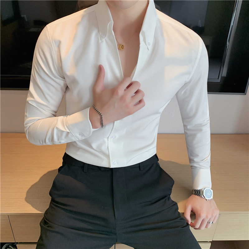 男士韩版V领立领长袖痞帅衬衫