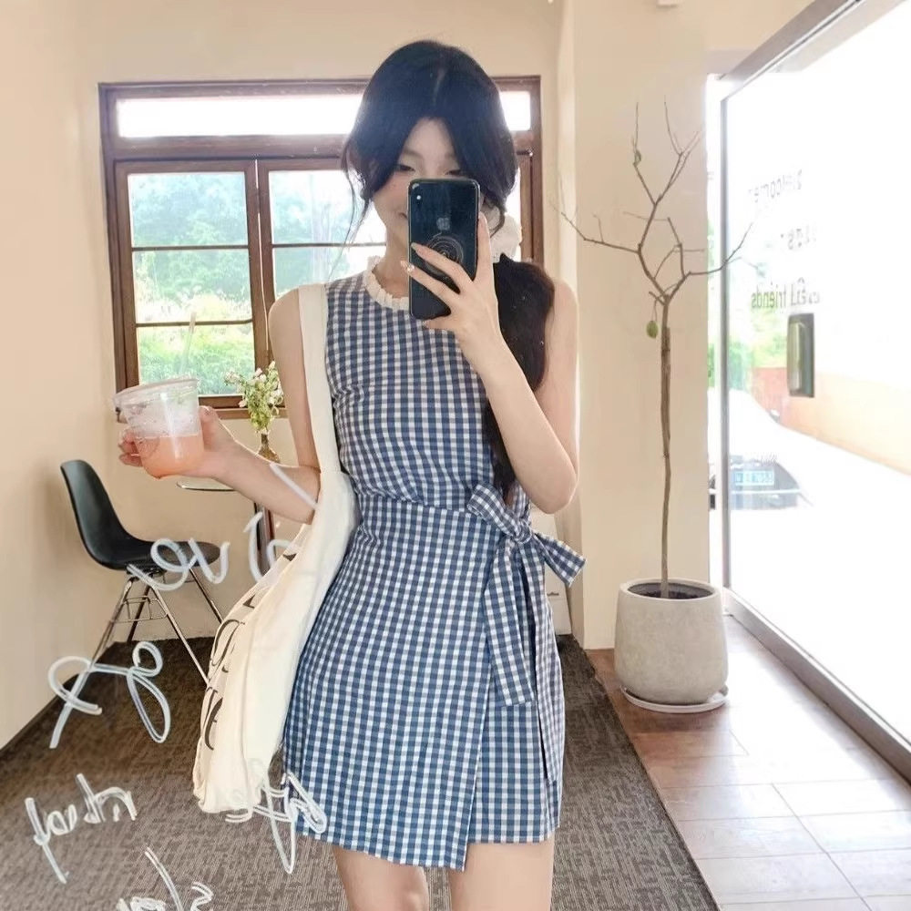 夏季蓝格子无袖绑带收腰连衣裙