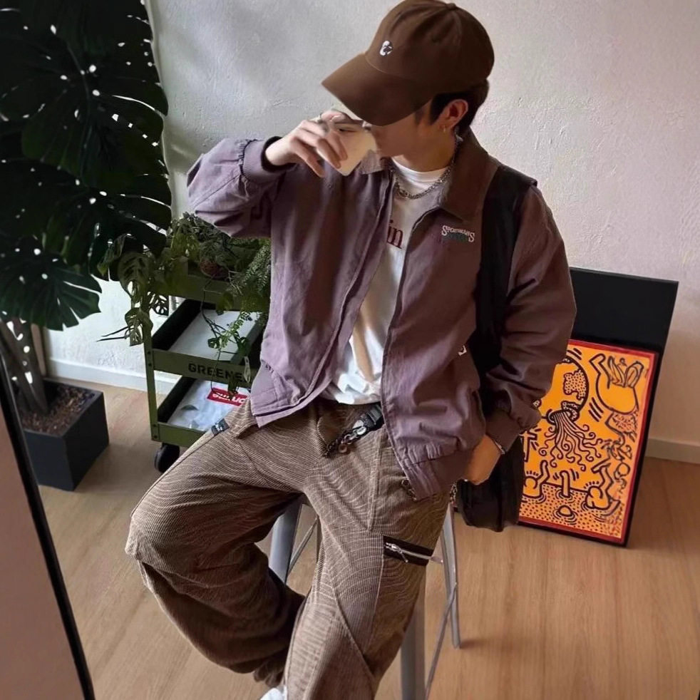 美式复古紫色刺绣工装棒球夹克